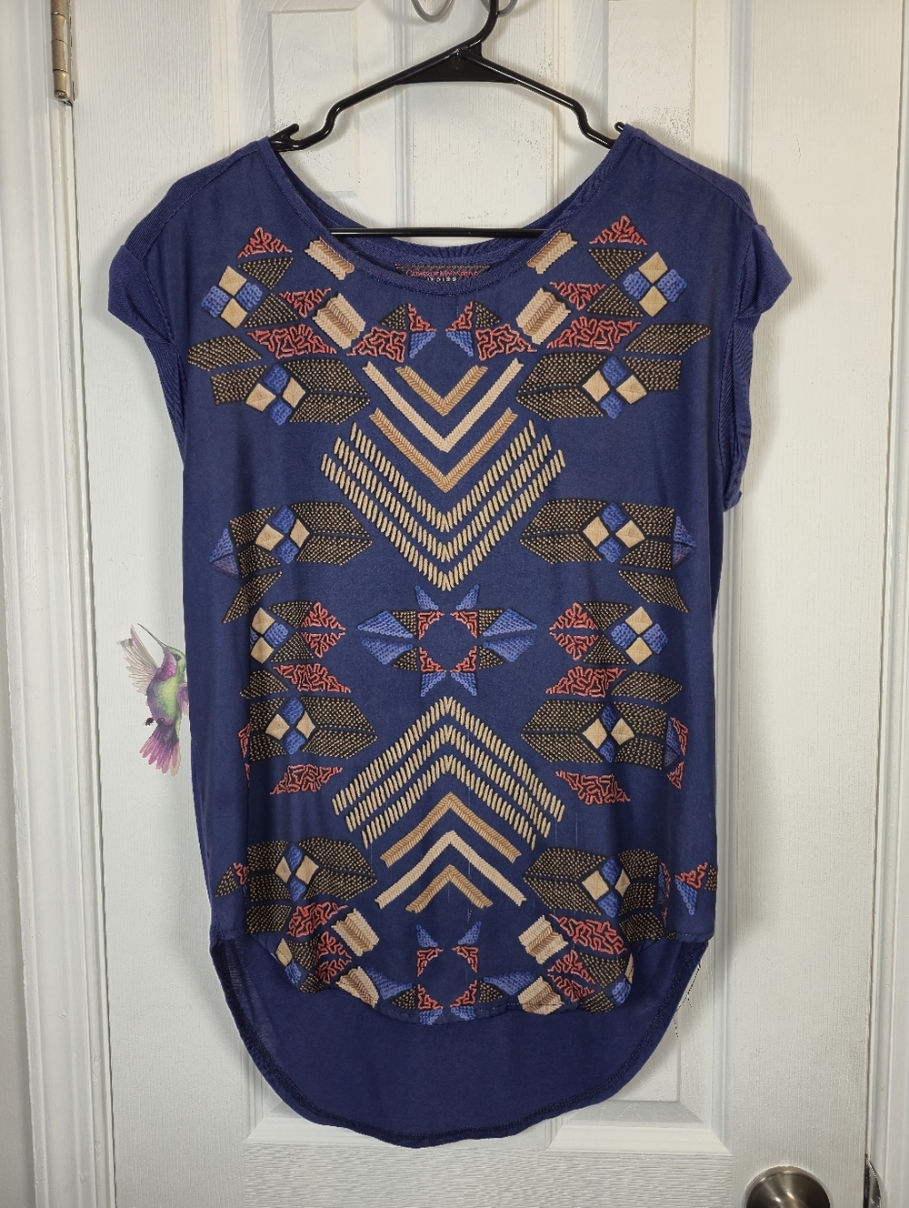 Catherine Malandrino Navy Boho Geometric Intarsia Knit Top Medium Dolman Sleeve